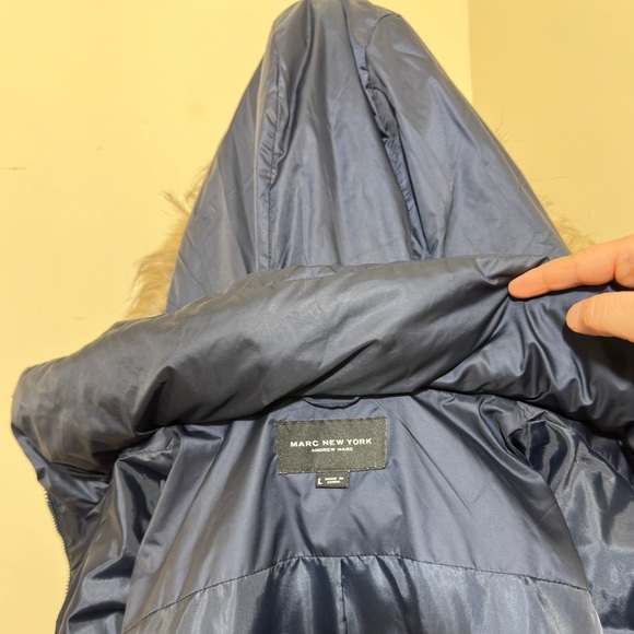 Marc New York Womens Chevron Quilted Down Jacket/Removable Faux Fur Hood L Navy - Picture 13 of 13